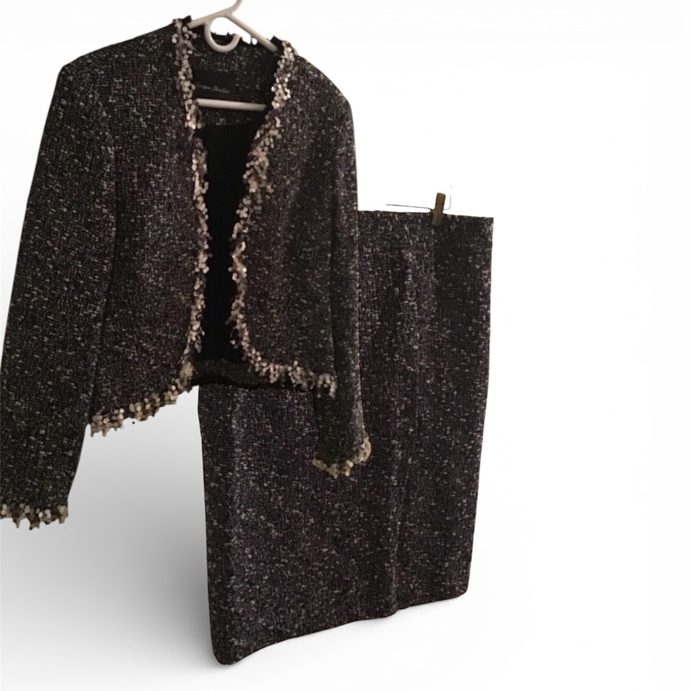 Monique Lhuillier Black and White Tweed Boucle Skirt Set Sz M EUC